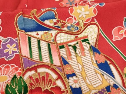 平和屋着物[]七五三　女の子　７歳　祝着　四つ身　長襦袢(単衣・半衿刺繍)セット　駒刺繍　御所車花文　暈し染め　金彩　逸品　AABE2424ja