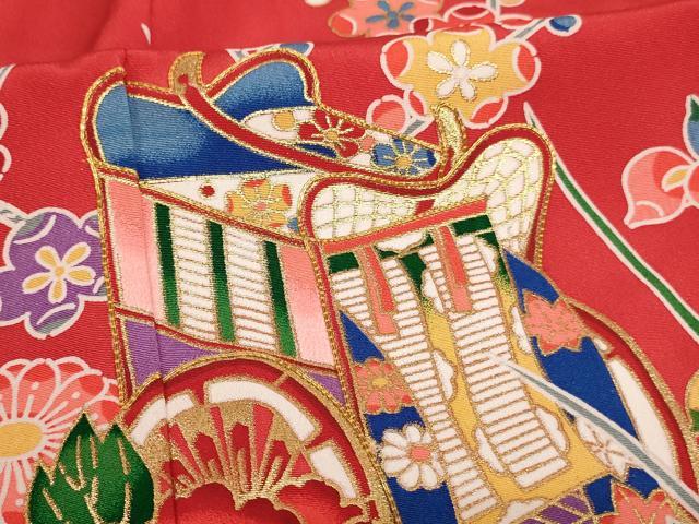 平和屋着物[]七五三　女の子　７歳　祝着　四つ身　長襦袢(単衣・半衿刺繍)セット　駒刺繍　御所車花文　暈し染め　金彩　逸品　AABE2424ja