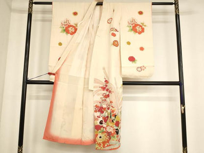 平和屋着物[]七五三　女の子　７歳　祝着　四つ身　駒刺繍　孔雀花文　金銀彩　正絹　逸品　AABE2425ja