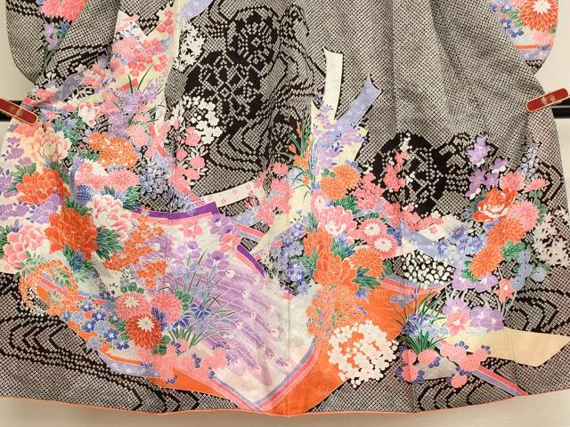 平和屋着物[]七五三　女の子　７歳　祝着　四つ身　長襦袢(単衣・半衿刺繍)セット　駒刺繍　孔雀花文　AABE2427ja