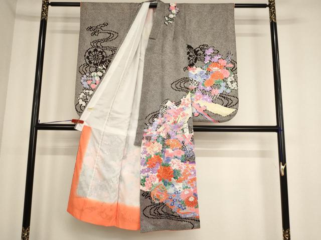平和屋着物[]七五三　女の子　７歳　祝着　四つ身　長襦袢(単衣・半衿刺繍)セット　駒刺繍　孔雀花文　AABE2427ja
