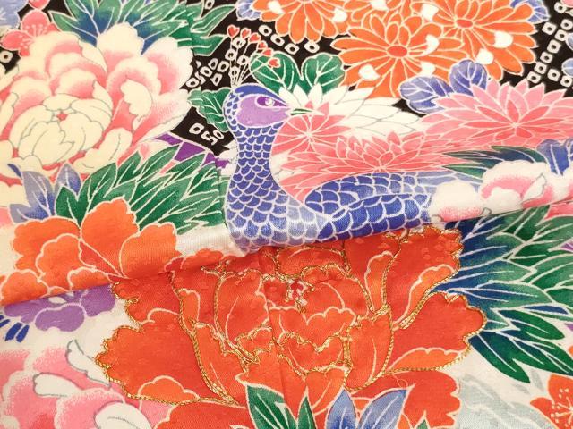 平和屋着物[]七五三　女の子　７歳　祝着　四つ身　長襦袢(単衣・半衿刺繍)セット　駒刺繍　孔雀花文　AABE2427ja
