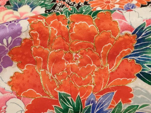 平和屋着物[]七五三　女の子　７歳　祝着　四つ身　長襦袢(単衣・半衿刺繍)セット　駒刺繍　孔雀花文　AABE2427ja