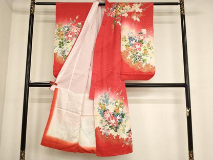 平和屋着物[]七五三　女の子　７歳　祝着　四つ身　長襦袢(無双仕立て・半衿刺繍)・袋帯セット　草花文　暈し染め　金彩　逸品　AABE2428ja