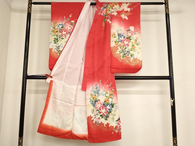平和屋着物[]七五三　女の子　７歳　祝着　四つ身　長襦袢(無双仕立て・半衿刺繍)・袋帯セット　草花文　暈し染め　金彩　逸品　AABE2428ja