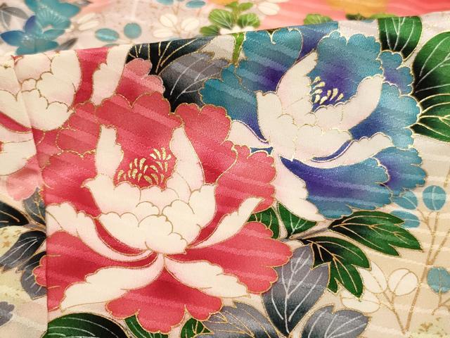 平和屋着物[]七五三　女の子　７歳　祝着　四つ身　長襦袢(無双仕立て・半衿刺繍)・袋帯セット　草花文　暈し染め　金彩　逸品　AABE2428ja