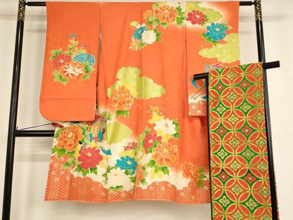 平和屋着物[]七五三　女の子　5歳　祝着　四つ身　袋帯セット　駒刺繍　御所車牡丹文　暈し染め　金彩　正絹　逸品　AABE2429ja