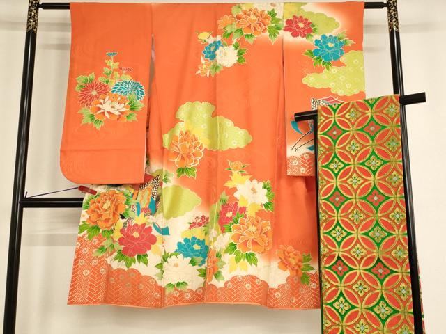 平和屋着物[]七五三　女の子　5歳　祝着　四つ身　袋帯セット　駒刺繍　御所車牡丹文　暈し染め　金彩　正絹　逸品　AABE2429ja