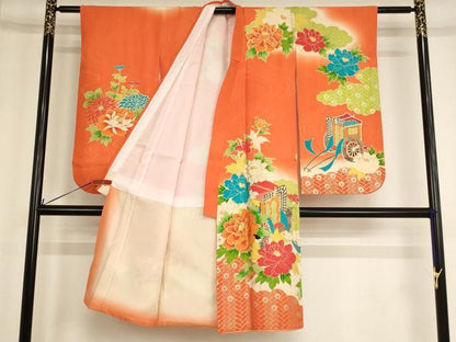 平和屋着物[]七五三　女の子　5歳　祝着　四つ身　袋帯セット　駒刺繍　御所車牡丹文　暈し染め　金彩　正絹　逸品　AABE2429ja