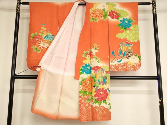 平和屋着物[]七五三　女の子　5歳　祝着　四つ身　袋帯セット　駒刺繍　御所車牡丹文　暈し染め　金彩　正絹　逸品　AABE2429ja
