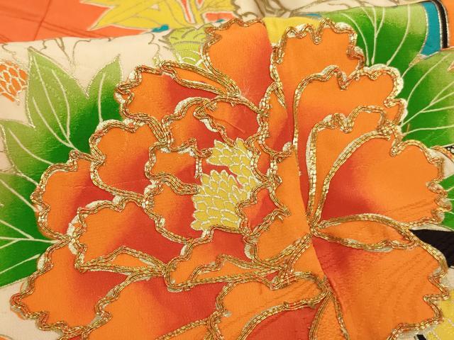 平和屋着物[]七五三　女の子　5歳　祝着　四つ身　袋帯セット　駒刺繍　御所車牡丹文　暈し染め　金彩　正絹　逸品　AABE2429ja