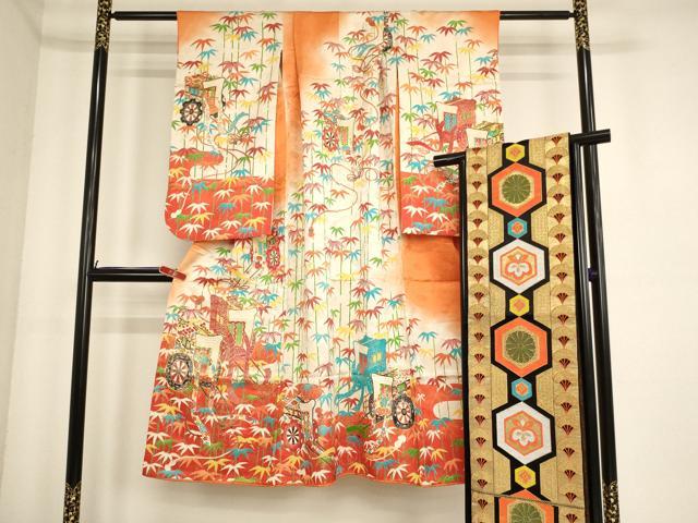 平和屋着物[]七五三　女の子　７歳　祝着　四つ身　袋帯セット　駒刺繍　御所車笹竹文　暈し染め　金彩　金通し地　正絹　逸品　AABE2430ja
