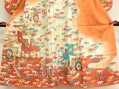 平和屋着物[]七五三　女の子　７歳　祝着　四つ身　袋帯セット　駒刺繍　御所車笹竹文　暈し染め　金彩　金通し地　正絹　逸品　AABE2430ja