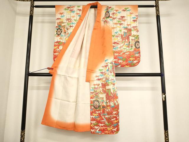 平和屋着物[]七五三　女の子　７歳　祝着　四つ身　袋帯セット　駒刺繍　御所車笹竹文　暈し染め　金彩　金通し地　正絹　逸品　AABE2430ja