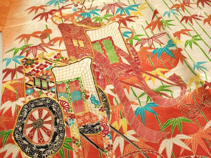 平和屋着物[]七五三　女の子　７歳　祝着　四つ身　袋帯セット　駒刺繍　御所車笹竹文　暈し染め　金彩　金通し地　正絹　逸品　AABE2430ja