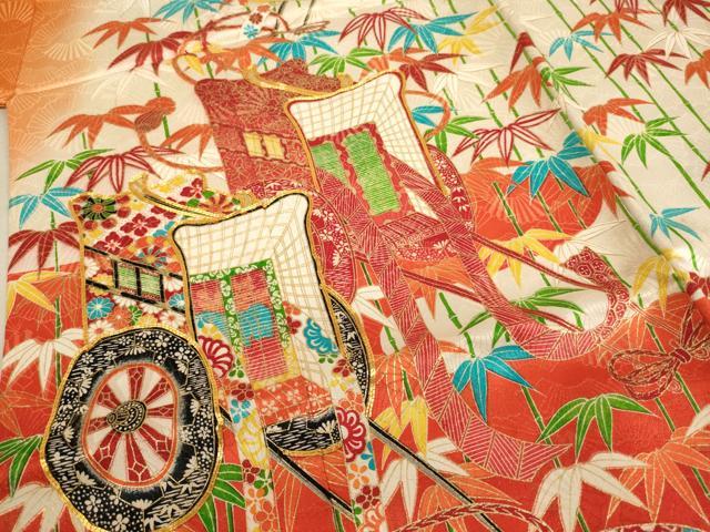 平和屋着物[]七五三　女の子　７歳　祝着　四つ身　袋帯セット　駒刺繍　御所車笹竹文　暈し染め　金彩　金通し地　正絹　逸品　AABE2430ja