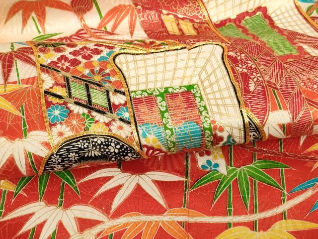 平和屋着物[]七五三　女の子　７歳　祝着　四つ身　袋帯セット　駒刺繍　御所車笹竹文　暈し染め　金彩　金通し地　正絹　逸品　AABE2430ja