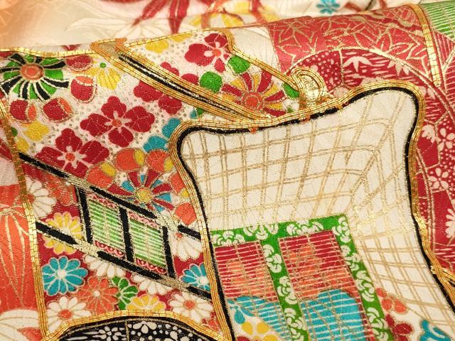 平和屋着物[]七五三　女の子　７歳　祝着　四つ身　袋帯セット　駒刺繍　御所車笹竹文　暈し染め　金彩　金通し地　正絹　逸品　AABE2430ja