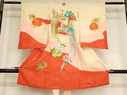 平和屋着物[]お宮参り　女の子　祝着　産着　初着　のしめ　総刺繍　尾長鳥花文　金銀糸　正絹　逸品　AABE2434ja