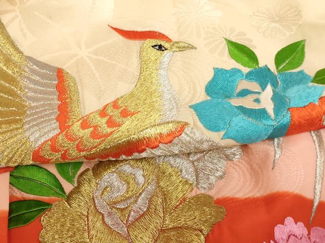 平和屋着物[]お宮参り　女の子　祝着　産着　初着　のしめ　総刺繍　尾長鳥花文　金銀糸　正絹　逸品　AABE2434ja