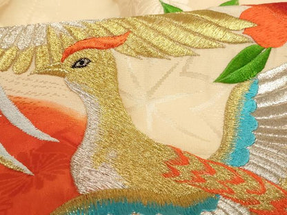 平和屋着物[]お宮参り　女の子　祝着　産着　初着　のしめ　総刺繍　尾長鳥花文　金銀糸　正絹　逸品　AABE2434ja