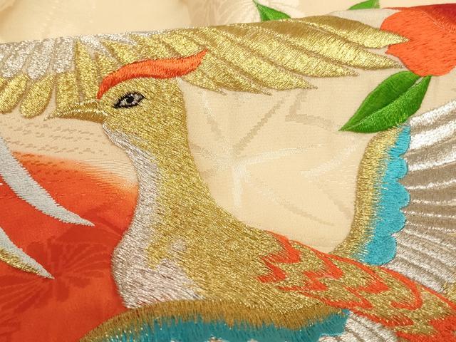 平和屋着物[]お宮参り　女の子　祝着　産着　初着　のしめ　総刺繍　尾長鳥花文　金銀糸　正絹　逸品　AABE2434ja