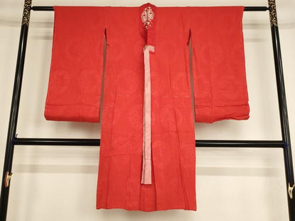 平和屋着物[]子供　女の子　長襦袢(袷)　源氏車花地紋　紅緋色　半衿刺繍　正絹　逸品　AABE2435ja
