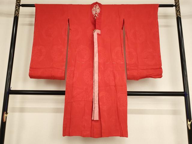 平和屋着物[]子供　女の子　長襦袢(袷)　源氏車花地紋　紅緋色　半衿刺繍　正絹　逸品　AABE2435ja