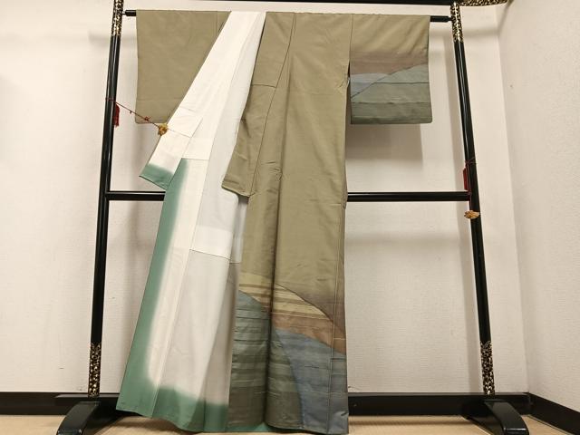 平和屋着物●京の名門 じゅらく謹製 訪問着 聚蚕紬 遠山文 正絹 逸品 AABE2529ph