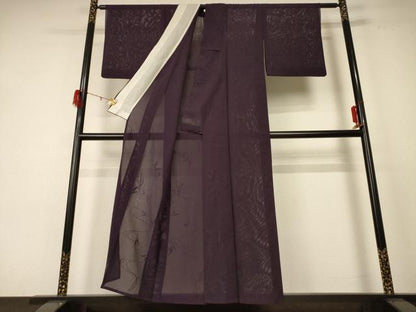 平和屋着物＊夏物　色無地　絽　流水舞葉紋紗　似せ紫色　正絹　逸品　AABE2611jd