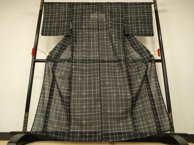 平和屋着物＊夏物 小紋 紗 格子 暈し染め 黒地 洗える着物 AABE2625jd