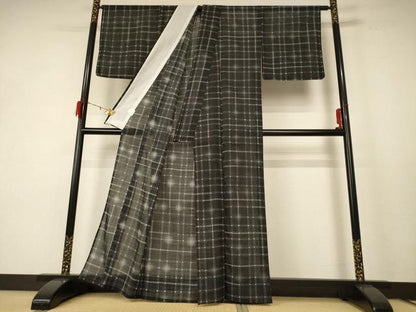 平和屋着物＊夏物 小紋 紗 格子 暈し染め 黒地 洗える着物 AABE2625jd