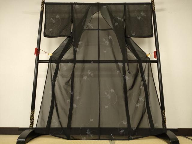 平和屋着物＊夏物 小紋 紗 葡萄 黒地 洗える着物 AABE2629jd
