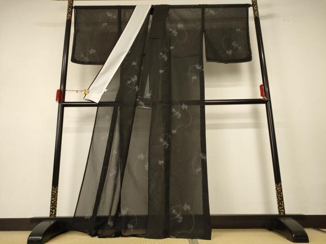 平和屋着物＊夏物 小紋 紗 葡萄 黒地 洗える着物 AABE2629jd