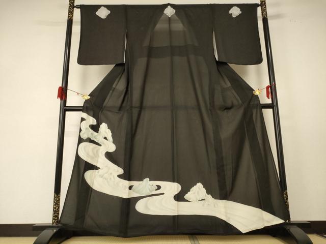 平和屋着物＊夏物 黒留袖 絽 流水文 正絹 逸品 AABE2638jd
