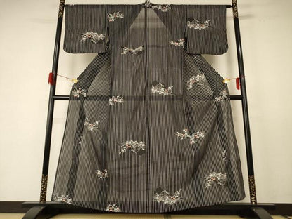 平和屋着物＊夏物 小紋 絽 草花文 黒地 洗える着物 AABE2639jd