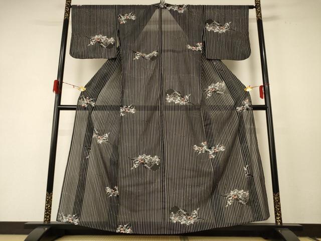 平和屋着物＊夏物 小紋 絽 草花文 黒地 洗える着物 AABE2639jd