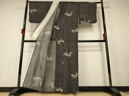 平和屋着物＊夏物 小紋 絽 草花文 黒地 洗える着物 AABE2639jd