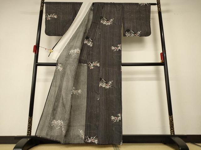 平和屋着物＊夏物 小紋 絽 草花文 黒地 洗える着物 AABE2639jd