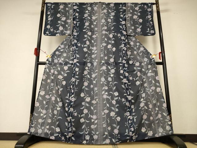 平和屋着物＊夏物 小紋 絽 更紗花文 洗える着物 AABE2644jd