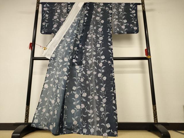 平和屋着物＊夏物 小紋 絽 更紗花文 洗える着物 AABE2644jd