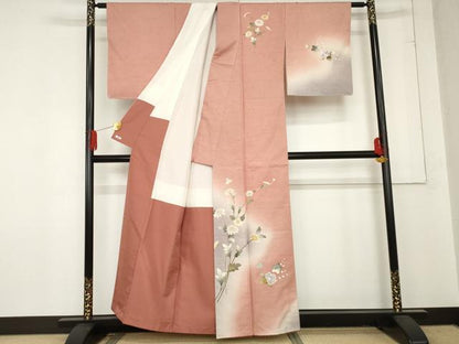 平和屋着物●訪問着　作家物　紬地　枝花文　金銀彩　正絹　逸品　未使用　AABE2732cs