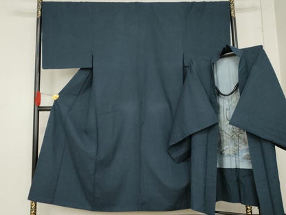 平和屋着物●男性　紬　アンサンブル　色無地　深縹色　正絹　逸品　AABE2747cs