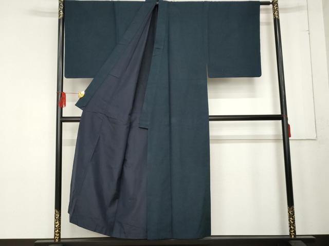 平和屋着物●男性　紬　アンサンブル　色無地　深縹色　正絹　逸品　AABE2747cs
