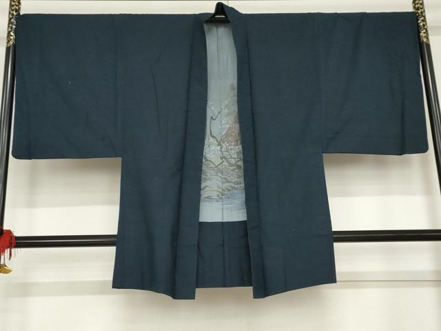 平和屋着物●男性　紬　アンサンブル　色無地　深縹色　正絹　逸品　AABE2747cs