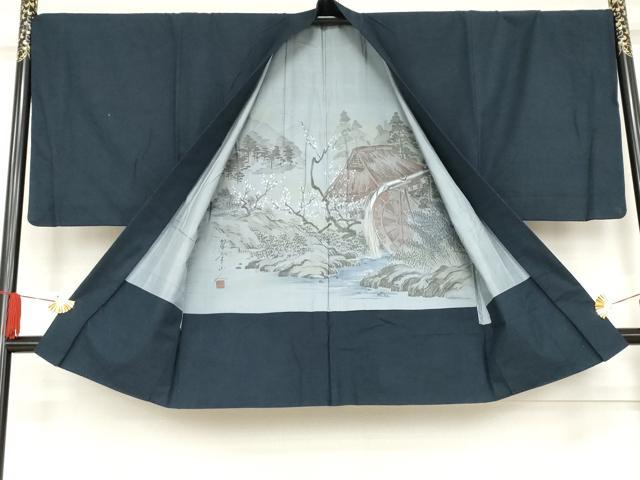 平和屋着物●男性　紬　アンサンブル　色無地　深縹色　正絹　逸品　AABE2747cs