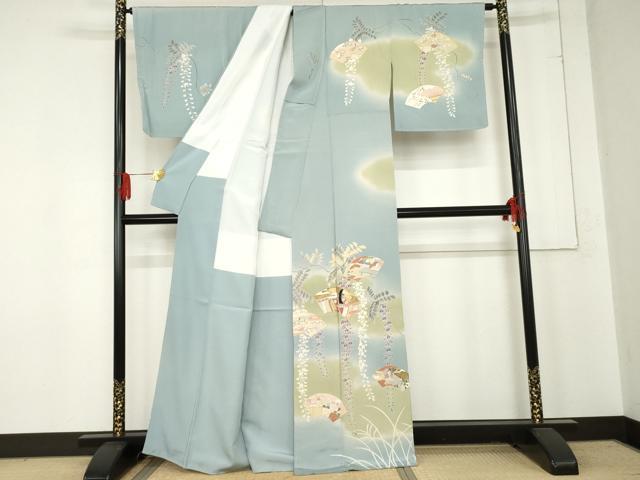 平和屋着物●訪問着　友禅　地紙人物風景花文　暈し染め　金彩　正絹　逸品　未使用　AABE2773cs