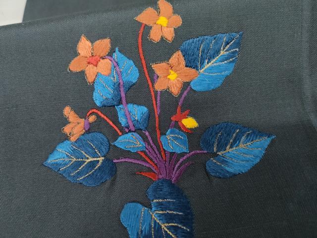 平和屋着物●色留訪問着 紬地 刺繍 草花文 金糸 正絹 逸品 AABE2777cs