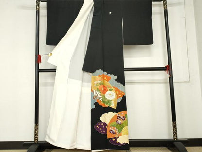 平和屋着物●京和工藝　友禅　黒留袖　駒刺繍　扇面草花文　金糸　金彩　正絹　逸品　AABE2784cs