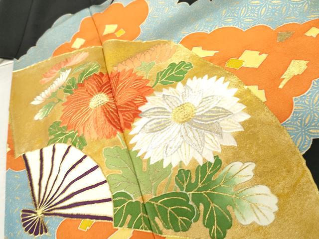 平和屋着物●京和工藝　友禅　黒留袖　駒刺繍　扇面草花文　金糸　金彩　正絹　逸品　AABE2784cs